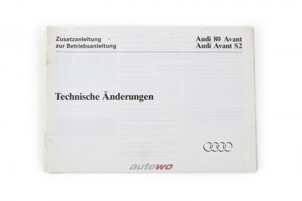 Audi 80 B4/S2 Avant Zusatzanleitung, technische Änderungen, Ausgabe 7.93