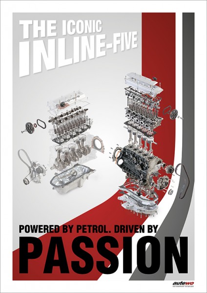 Poster DIN A2 Audi 5 Zylinder 20V Turbo Passion Motor Schnittzeichnung